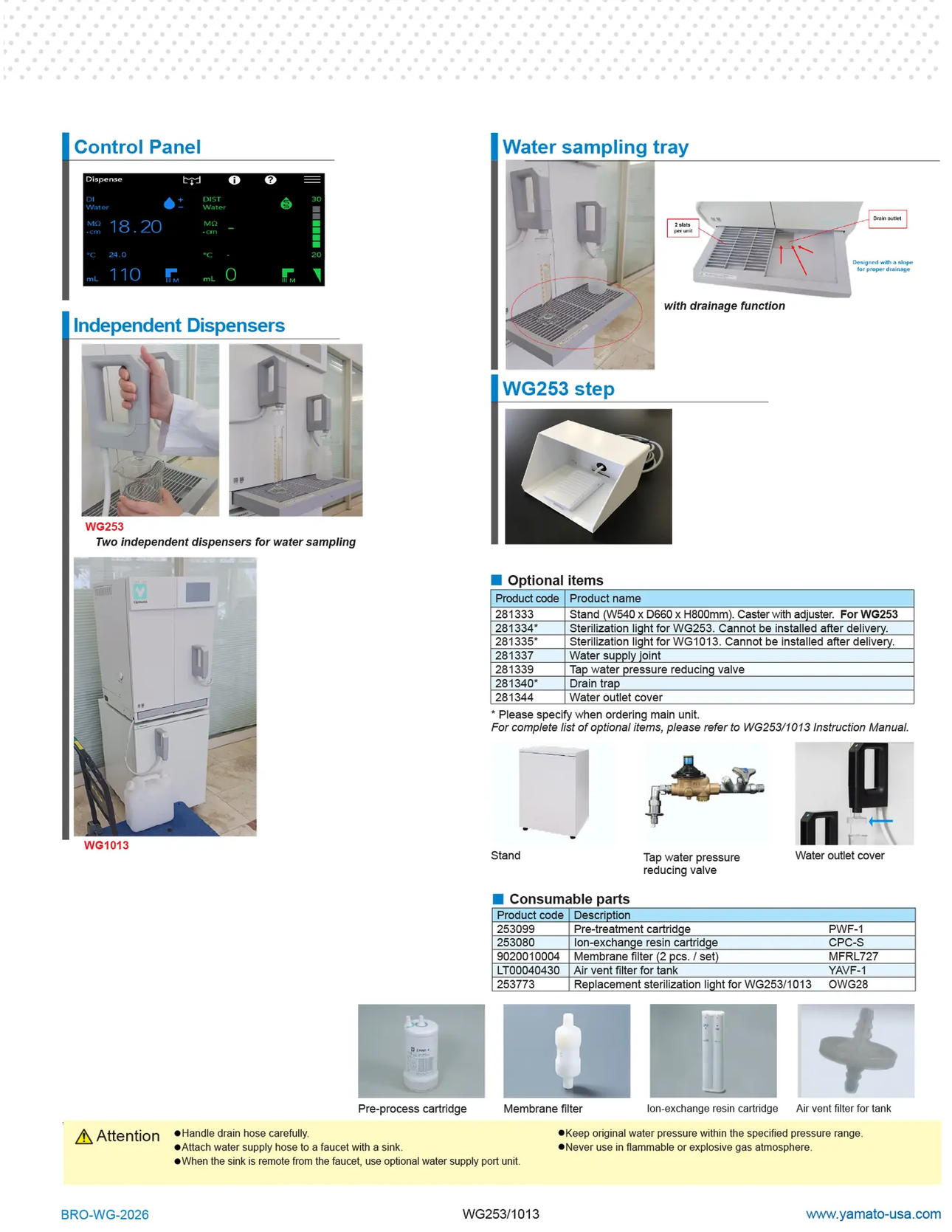 Yamato WG-253 and WG-1013 Auto Still details: control panel, dispensers, water sampling tray, optional items and consumable parts