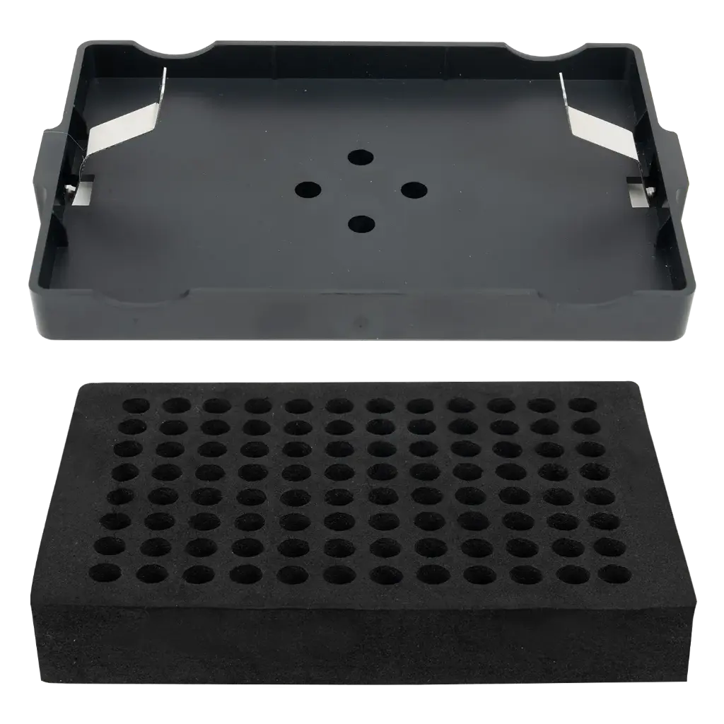 Microplate Clamp and Foam Tube Holder for 96-well (full skirt PCR plates, cell culture plates, enzyme-linked immunosorbent assay plates, deep well plates, etc. Half skirt/no skirt PCR plates