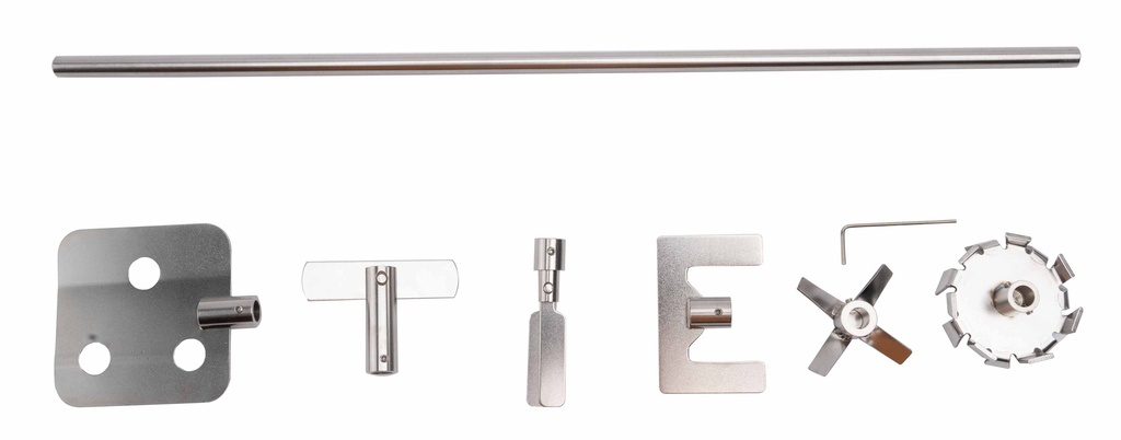 Contains one rod, six stirring blades - Propeller stirrer, Paddle stirrer, Centrifugal stirrer, Flat-blade stirrer, Radial-flow stirrer, Anchor stirrer and assembly tool