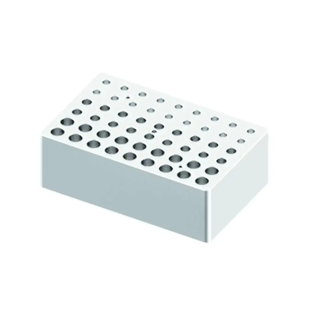 Block, used for 0.2mL, 0.5mL and 1.5/2mL tubes, 18 holes each size (15 x 9.5 x 5cm)