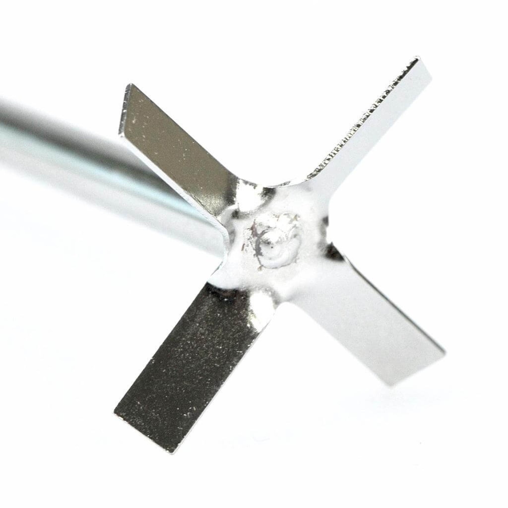 Cross stirrer, 316L stainless steel. Shaft 400mm long x 8mm diameter. Impeller width 50mm.