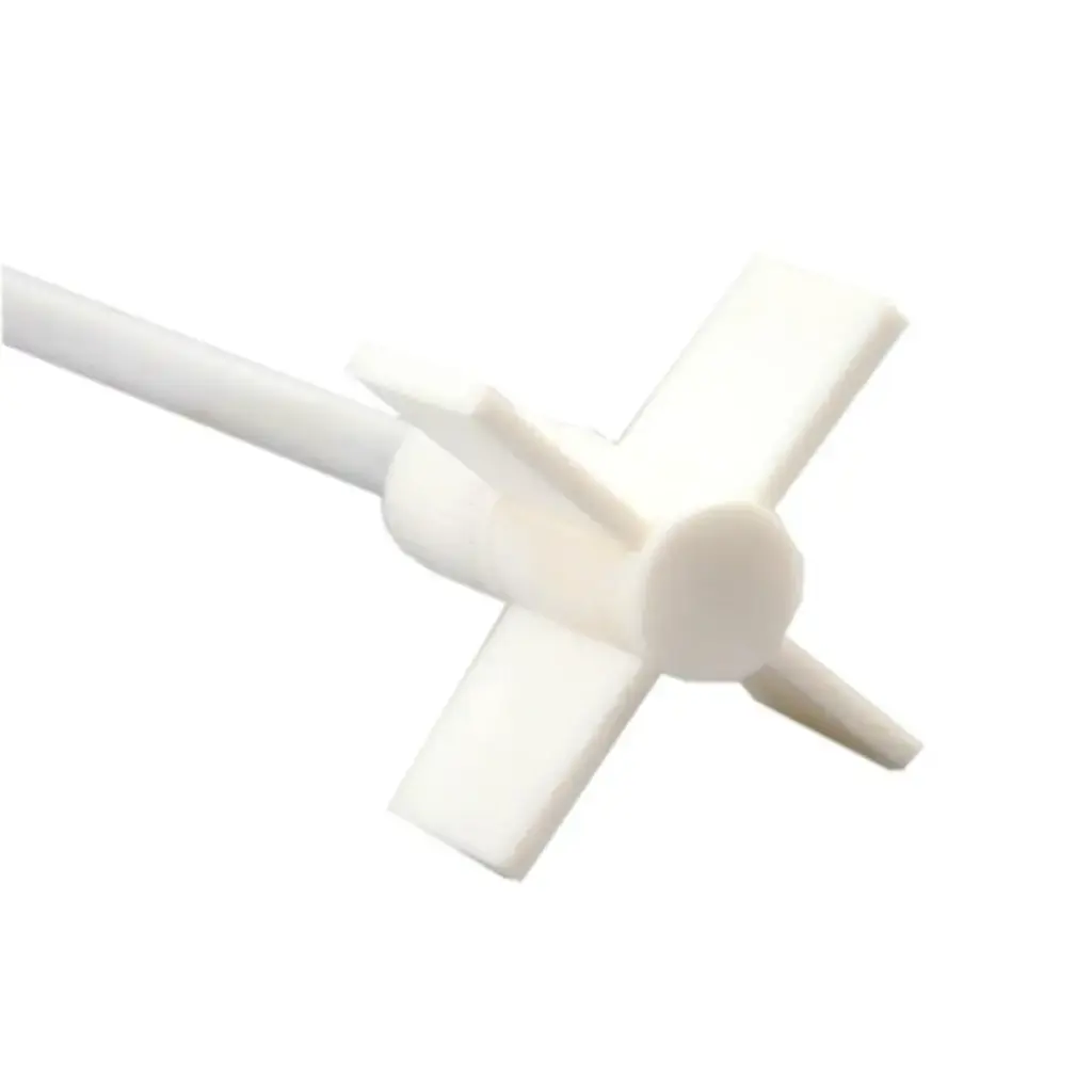 Cross stirrer, PTFE coated. Shaft 300mm long x 6mm diameter. Impeller width 65mm.